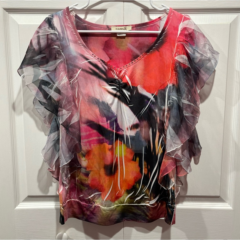 ONE WORLD Women’s Multicolor Floral Mesh Sequin Blouse Top Shirt - size S